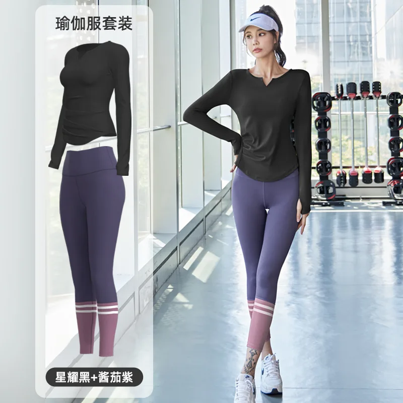 Yoga suit Fitness suit Quick drying seamless nude with peach waist pleated top and leg panel sports suit for women