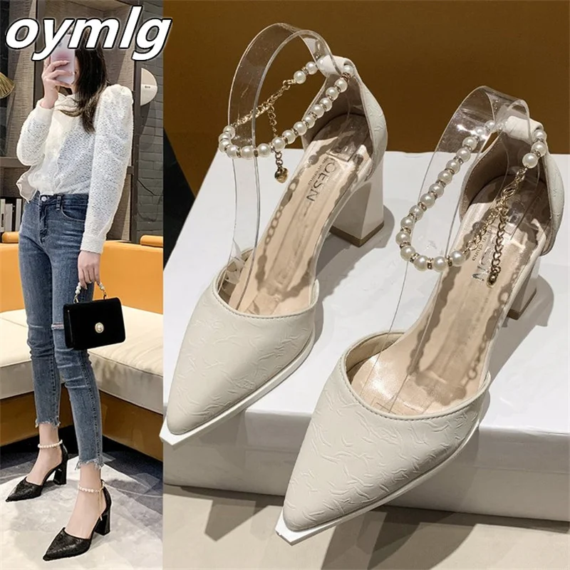 

2022 spring new high-heeled shoes women's word with toe sandals thick heel pointed toe small fragrance style single shoes women