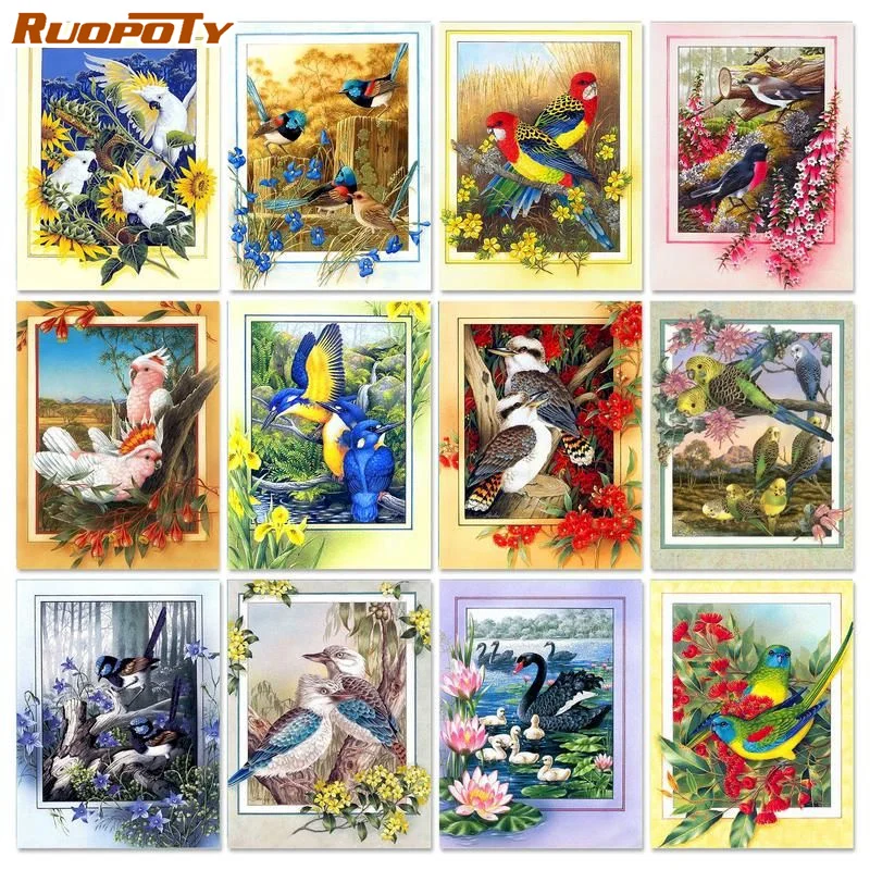 

RUOPOTY Frame Oil Diy Painting By Numbers Kits Birds Flower Acrylic Wall Art Picture Handpainted Coloring By Numbers For Diy