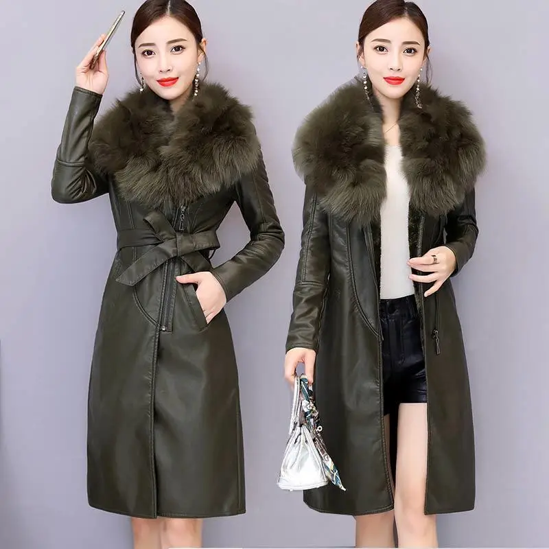 Black Winter Coats Big Collar Long Slim PU Leather Jacket Women 2022 New Plush Thick Warm Korean Fashion Tops Famale Clothing