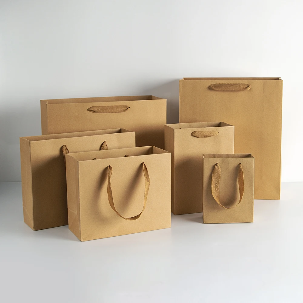 Custom Private Logo Printed Brown Big Personalized Luxury Shopping Tote Gift Paper Bags With Ribbon Handles For Jewelry Clothes