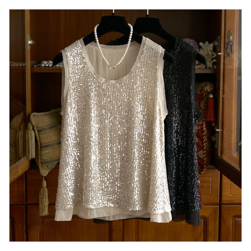 Женская Двухслойная футболка без рукавов с блестками