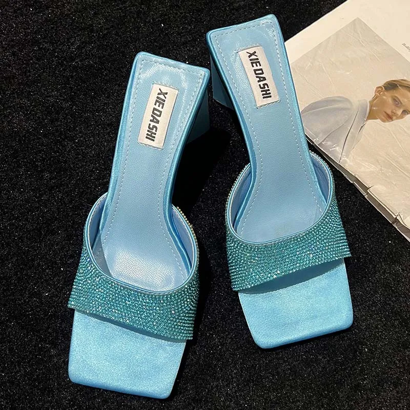 

Strange Style Women Pumps Shoes Crystal Slippers Square Toe Ladies High Heels Sandals Rhinestones Female Casual Outdoor Slides