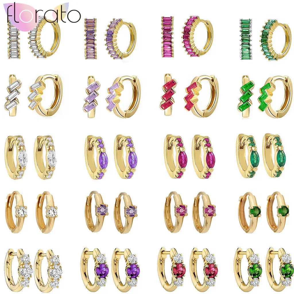 

925 Sterling Silver Ear Buckle White,Black,Green,Purple,Ruby Zirconia Small Hoop Earrings for Women Gold color Earrings Jewelry