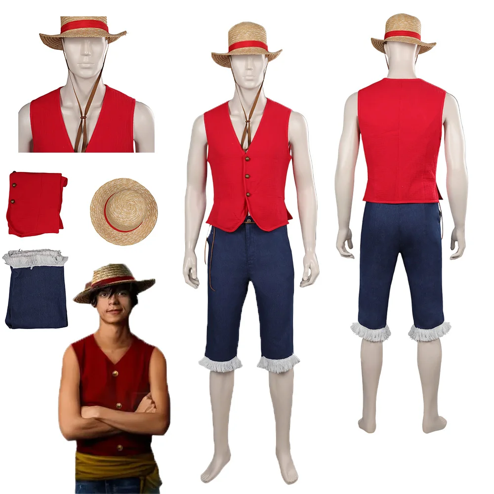 

One Piece Luffy Cosplay Costume Men Male Role Play Vest Pants Straw Hat Whole Set Fancy Outfits Halloween Carnival Disguise Suit