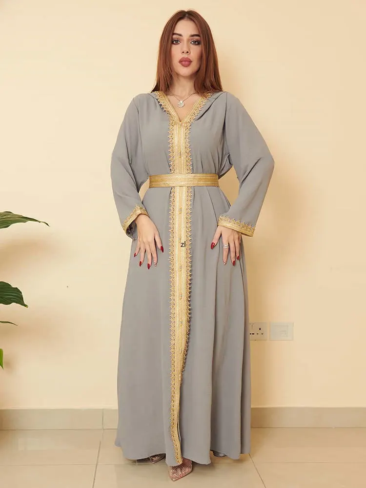 Djellaba Hooded Abaya Lace Trimmed Cotton Arabian Long Dress Dubai Saudi Gulf Jalabiya Elegant Women Muslim Modest Kaftan Pink