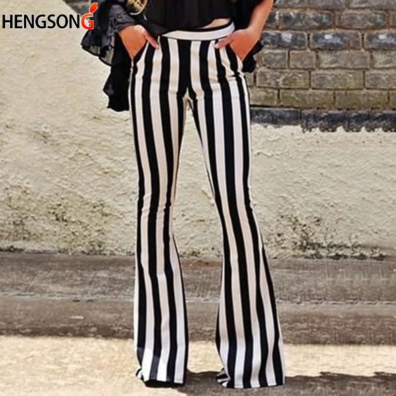 

New Women Pant Fashion Striped Flared Pant Casual Pocket Slim Fit Mid Waist Black White Stripes Pants Trousers Pantalon Femme