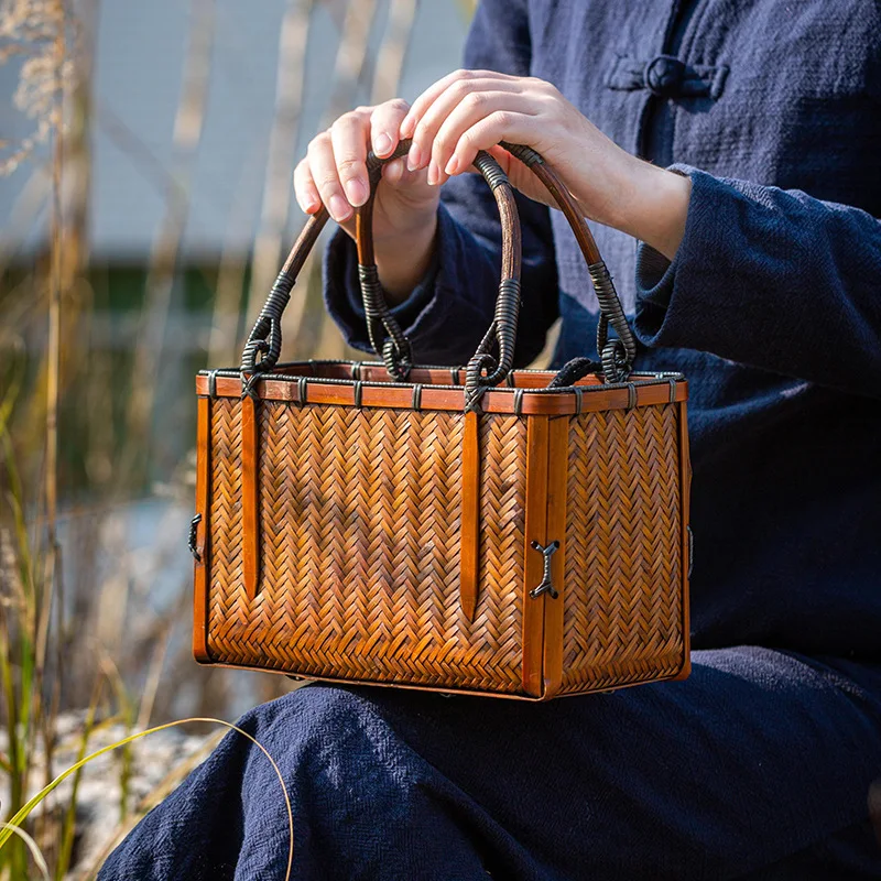Chinese Style Teacup Japanese-style Bamboo Woven Storage Bags Handmade Retro Basket Teapot Bags Travel Outdoor Tea Cozies