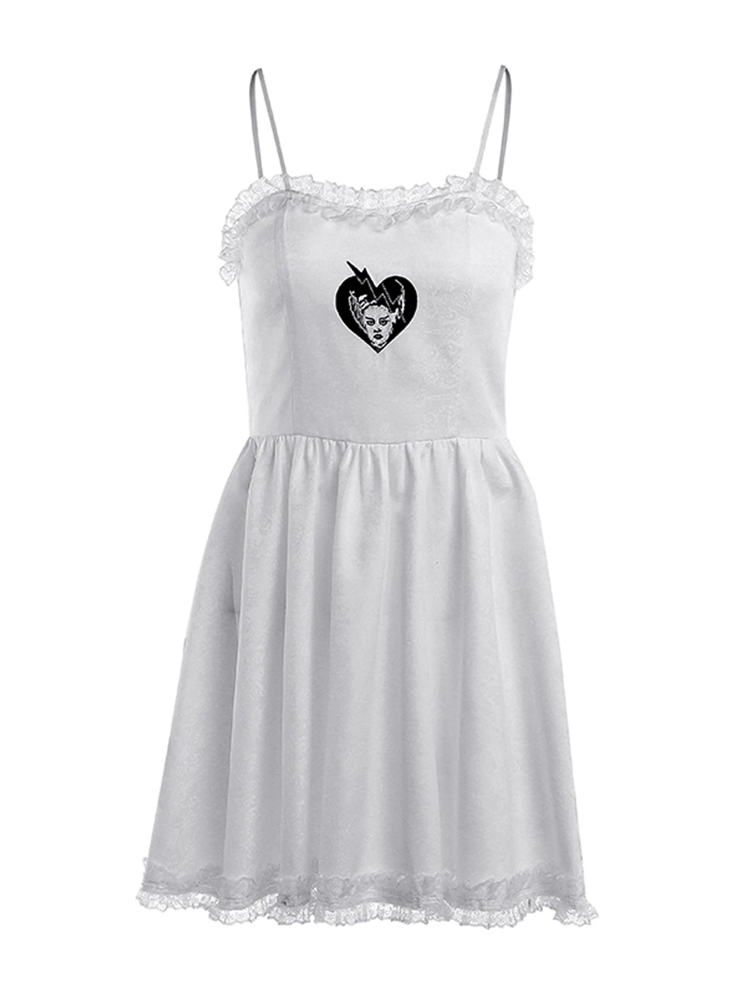 Женское платье с открытыми плечами белое в готическом стиле принтом сердца и