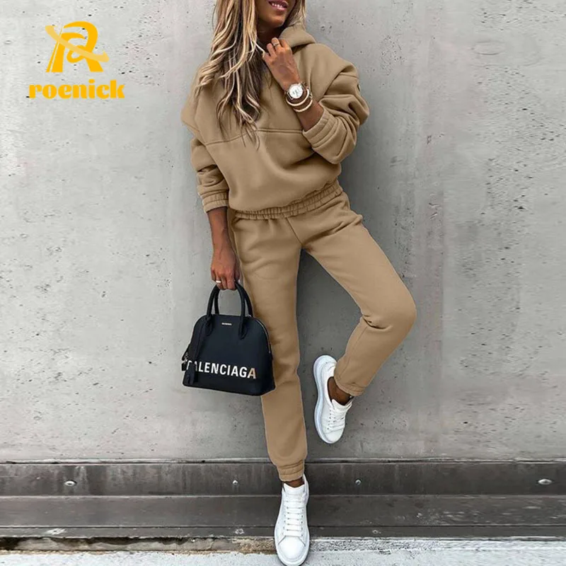 

ROENICK Women Casual Fleece Tracksuit Oversized Hooded Long Sleeve Two Piece Sets Lady Hoodie Suit Winter Sport Pants Outfits