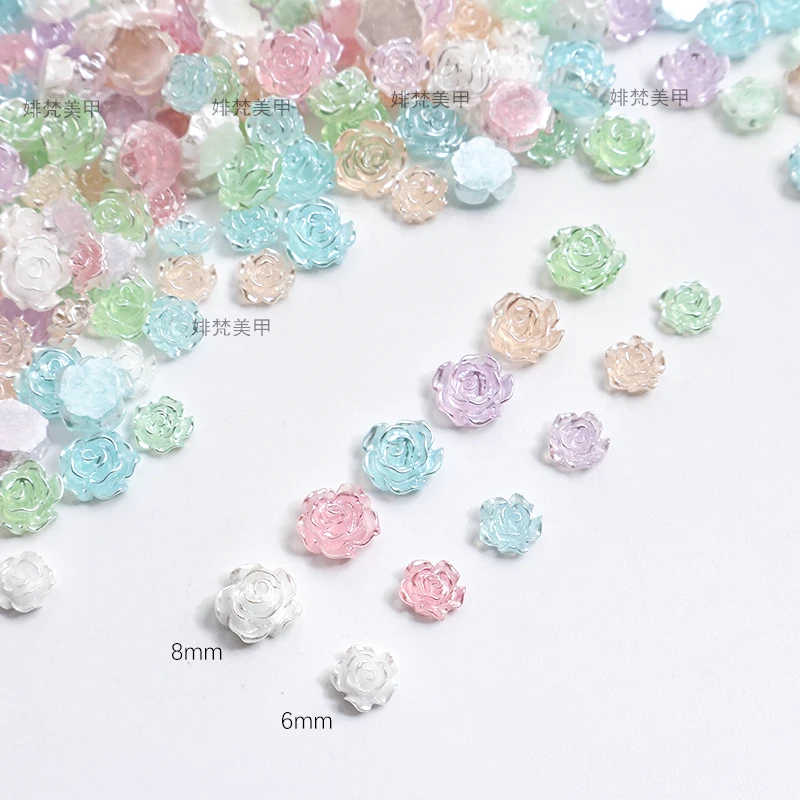 

New 2023 Pearl luster Resin Camellia Flat Back 3D Nail Art Rhinestone 6/8MM Mix Size Apply To DIY Manicure Accessories