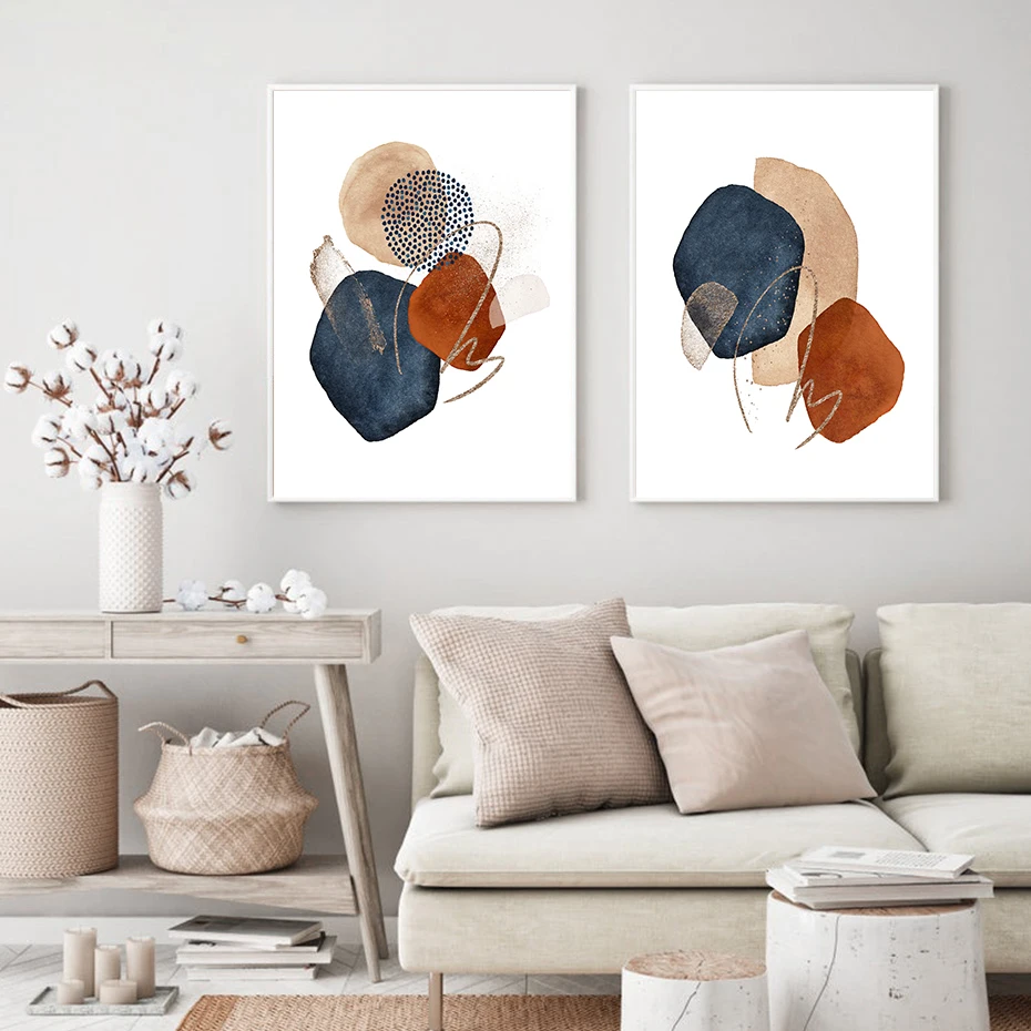 Абстрактный геометрический постер Терракотовая темно-синяя оранжевая стена