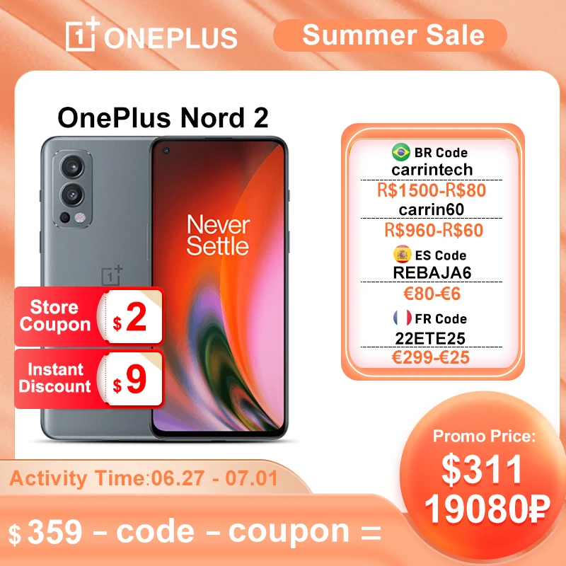 

Global Version Oneplus Nord 2 5G Smartphone Octa Core Dimensity 1200-AI AMOLED 90Hz 65W Warp Charge 50 MP AI Rear Camera NFC