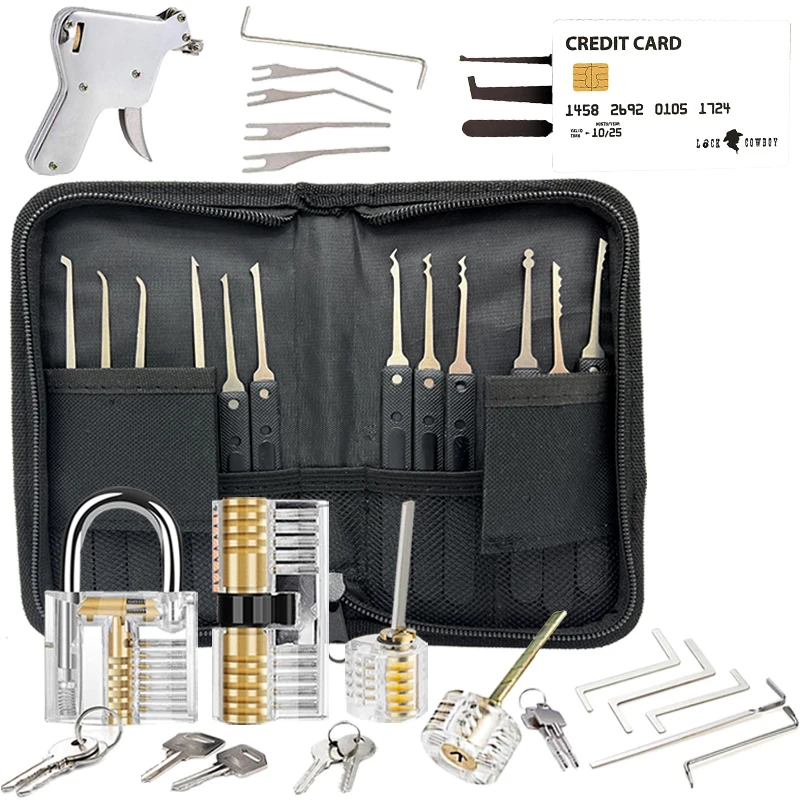 

BLACK Lock Picking Kit Practice Tools with 1/2/3/4 Clear Locks Transparent Padlock Unlocking Tool Kit