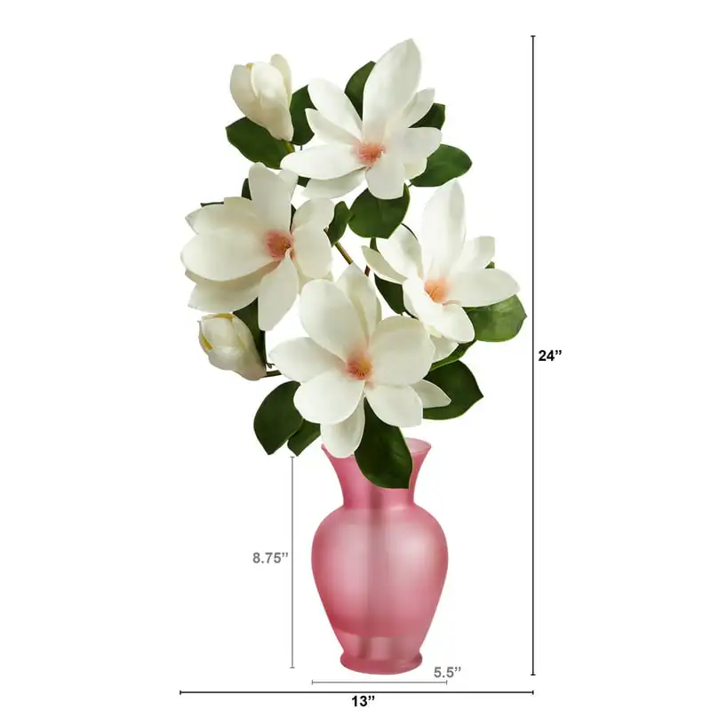 

White Japanese Magnolia Artificial Flower Arrangement in Rose Colored Vase