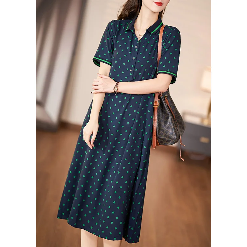 Dress Female Summer Short Sleeve Lapel Wave Point Milk Silk Age-Reducing Loose Slimming Dress