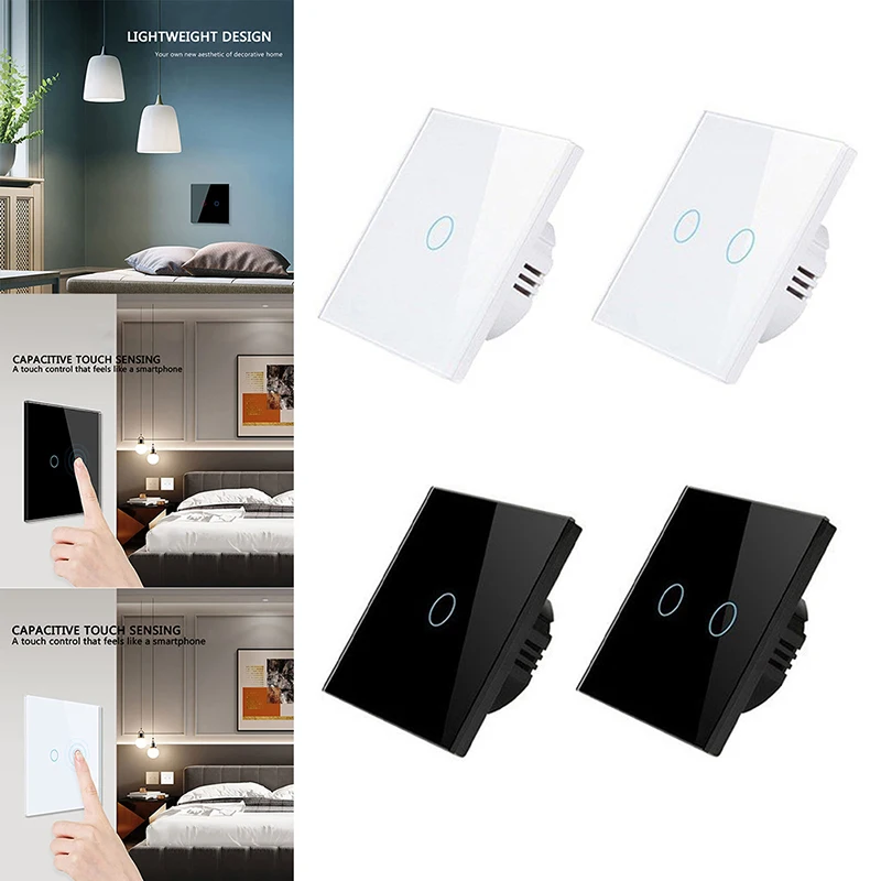 

Touch Switch Power Led Panel EU Sensor Button Wall Light Switches Tempered Black White Crystal Glass 1/2 Gang Interruptor