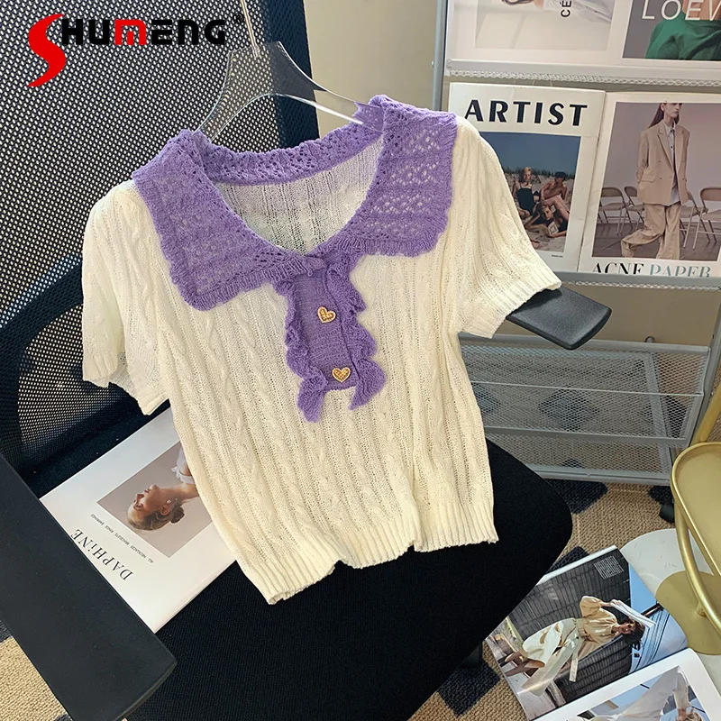 

Contrast Color Polo Collar Short-Sleeved Sweater Top Women's 2022 Summer New Fashion Classic Style Chic Cropped Knitted T-shirt