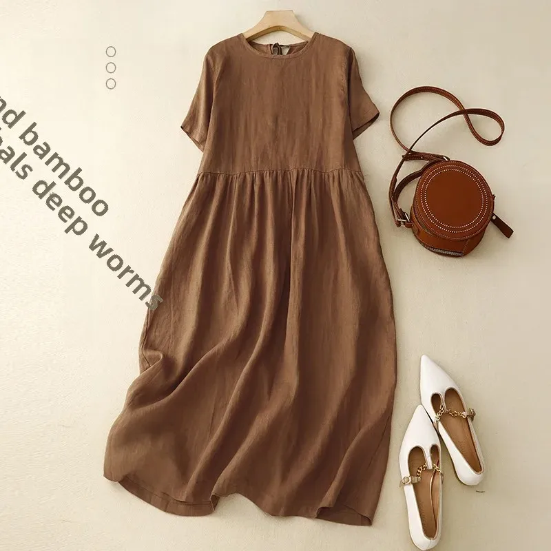 Женское платье из хлопка и льна простое свободное однотонное с круглым вырезом