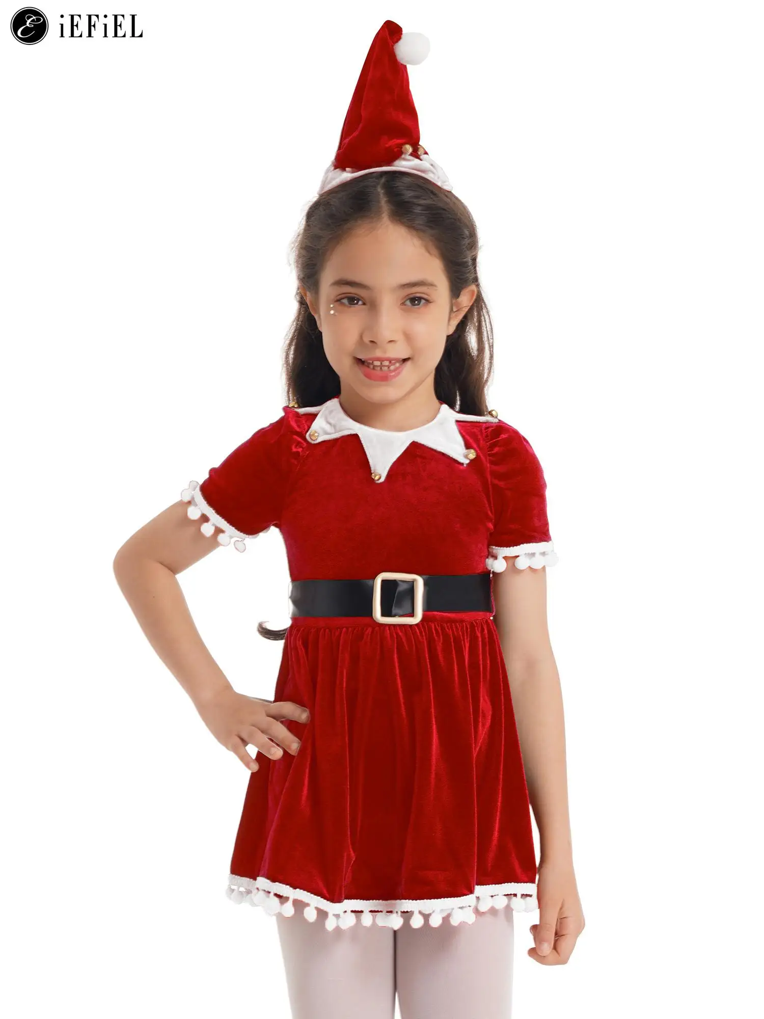 

Kids Girls Miss Santa Claus Christmas Costume Velvet Shorts Sleeve Tutu Dress with Xmas Hat Holiday Cosplay Party Fancy Dress