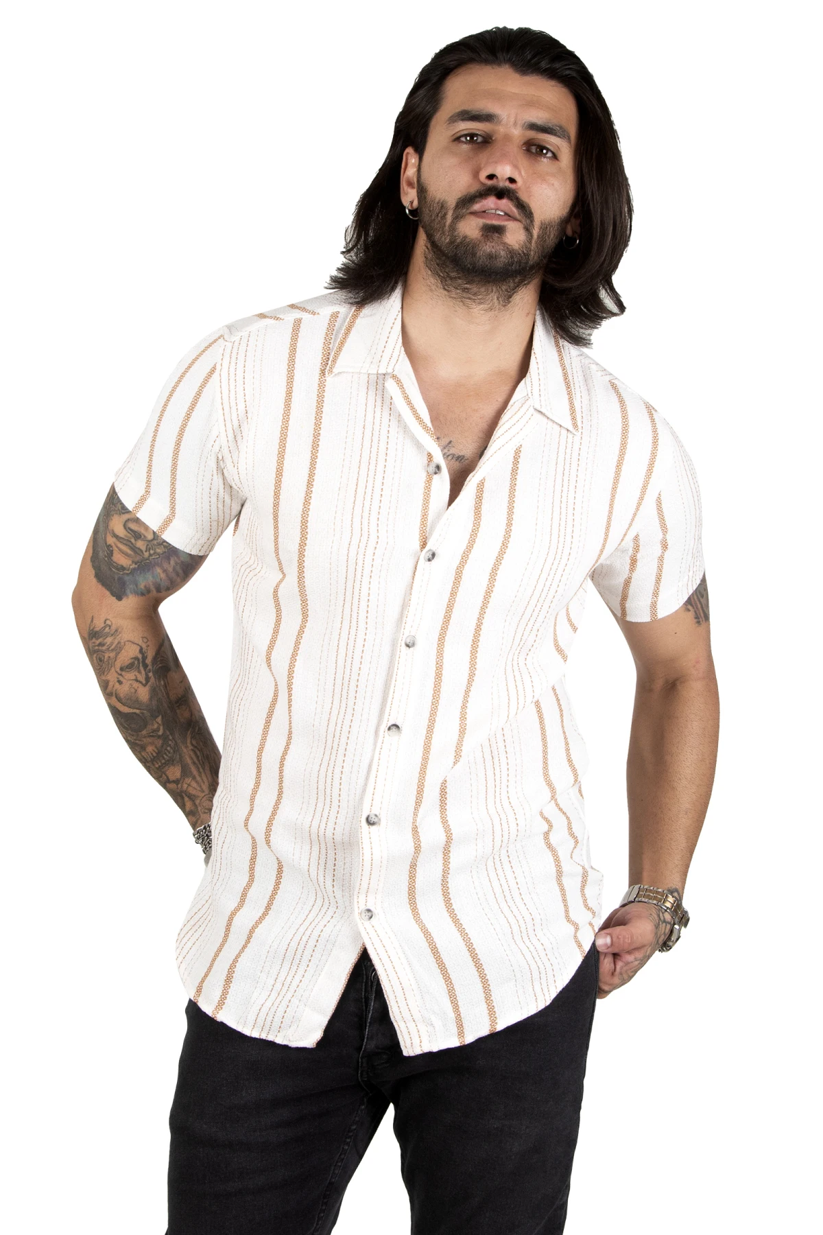 DeepSEA line patterned buttoned apac collar raw linen short sleeve men's shirt 2201913