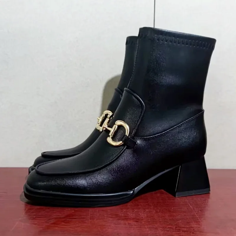 European pop genuine leather ankle boots for women sexy lady square toe high heels riding boots autumn winter boots heels pumps