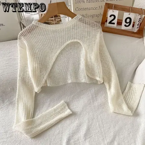 Irregular Knit Women's Summer Thin Ice Silk Long-sleeved Sunscreen Shirt Short Sexy Outerwear Blouse Drop Shipping