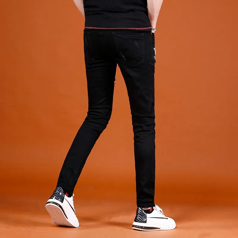 Black Jeans Men Fashion Zipper Ripped Patch Jean Streetwear Casual Cotton Slim Fit Denim Pants