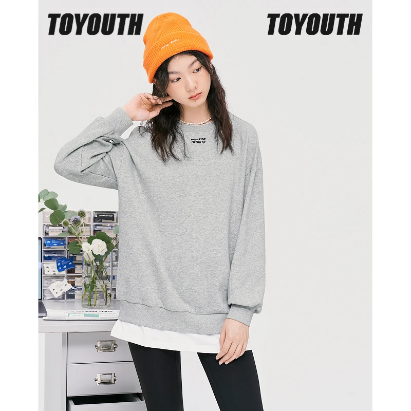 

Toyouth Women Fake Two Piece Sweatshirts 2022 Winter Long Sleeve O Neck Loose Hoodie Letter Print Blue Gray Casual Pullover