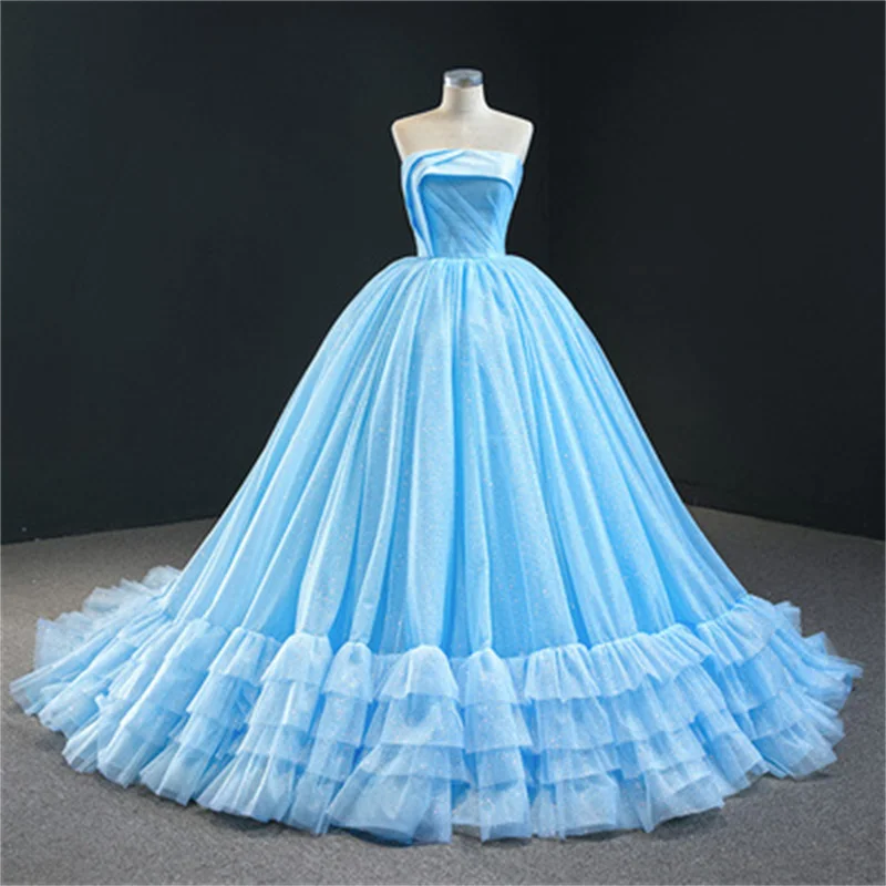

Sky Blue Charro Quinceanera Dresses Ball Gown Strapless Tulle Tiered Puffy Mexican Sweet 16 Dresses 15 Anos