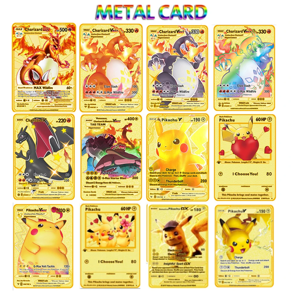 

English Pokemon Cards Gold Metal Pokemon Cards English Hard Lron Cards Mewtwo Pikachu GX Charizard Vmax Pack Game Collection