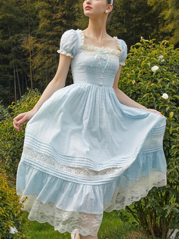 

Blue France Vintage Midi Dress Women Lace Elegant Party Princess Dresses Female Spuare Neck Korean Sweet Fairy Dress Summer 2023