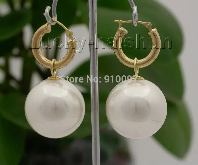 

AAA big 16mm white round sea shell pearl Earrings hoop