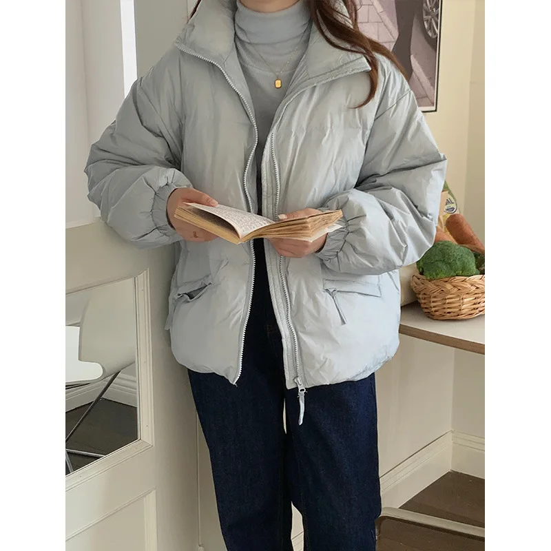 Down Jacket Women's Short Winter Loose Cotton Clothing Solid Color Casual Thick Standing Collar Warm White Eiderdown Coat