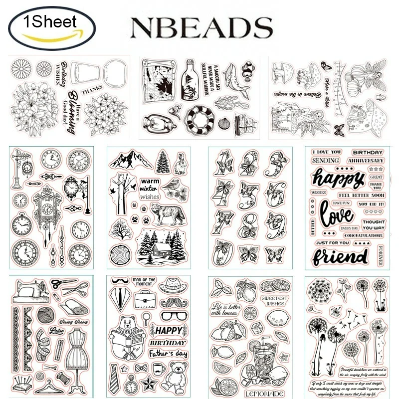 

NBEADS 1 PC Vintage Clear Stamps Transparent Silicone Stamp Sewing Machine Scissors Wool Tape Measure Various patterns