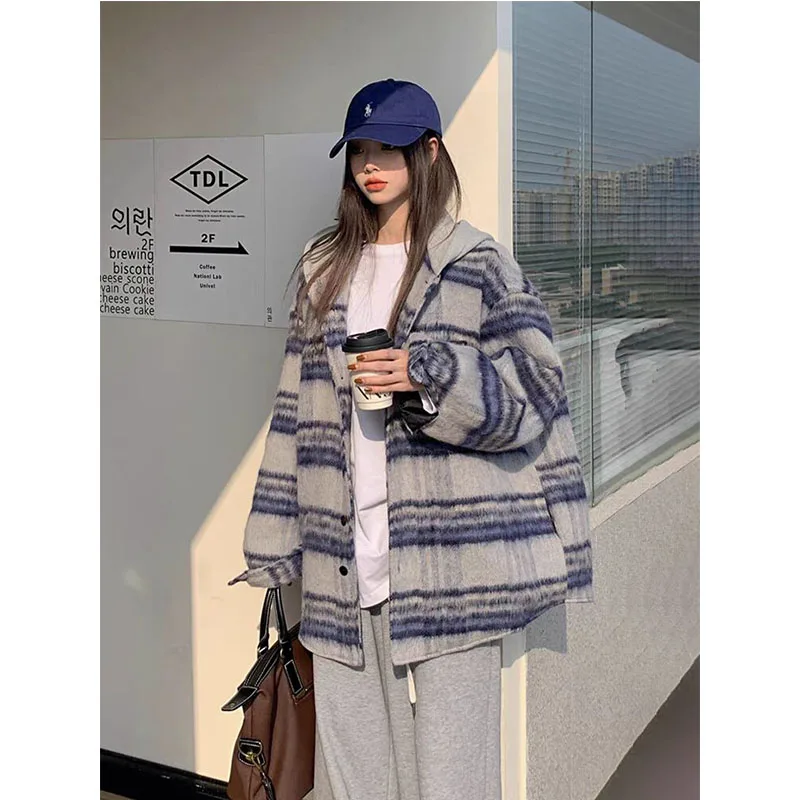 Женская винтажная рубашка с длинным рукавом в клетку большого размера на осень и