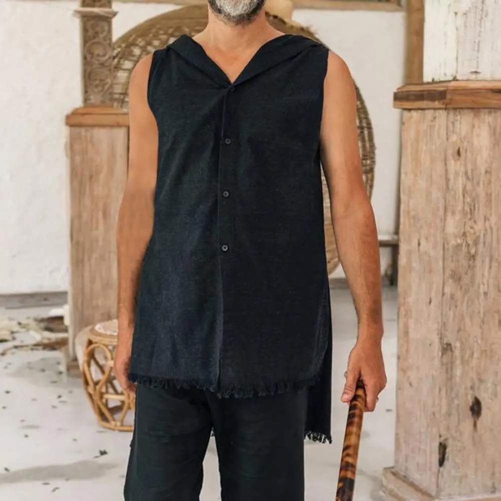 

Terrific Leisure Men Top Shirt Solid Color Cardigan Colorfast Hooded Single-breasted Casual Summer Tank Top for Daily Wear