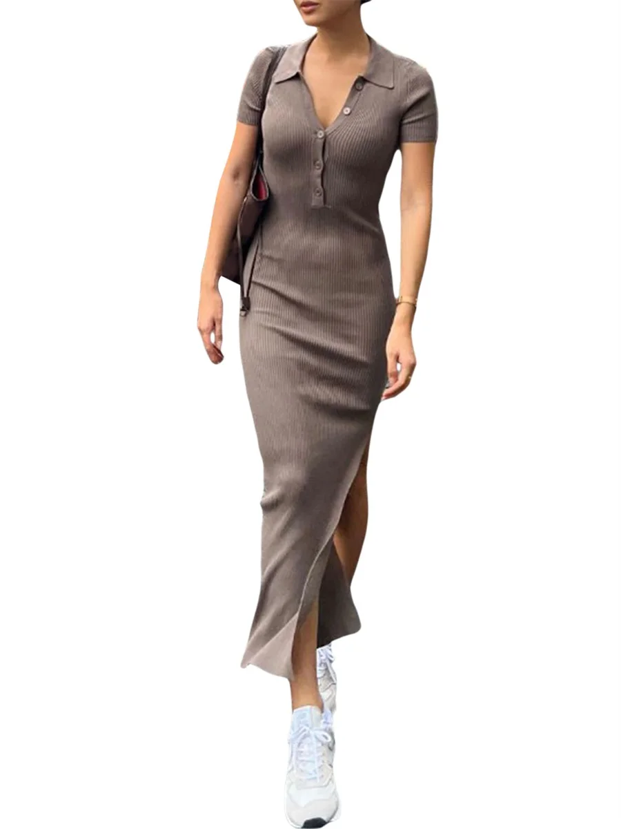 

Women Neck Casual Long Dress Solid Color Button-Up Short Sleeve Slim Fitted Dress Bodycon