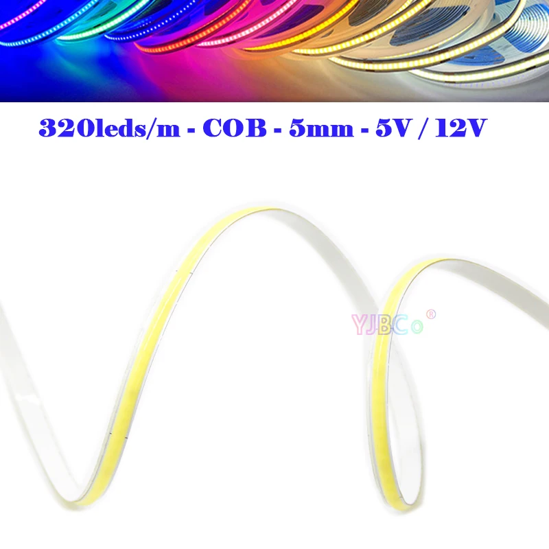 5V 12V Narrow 5mm FPCB 5M single color COB LED Strip 320LEDs/m White/Warm white/Natural White/Blue/Red/Green Flexible Light Tape
