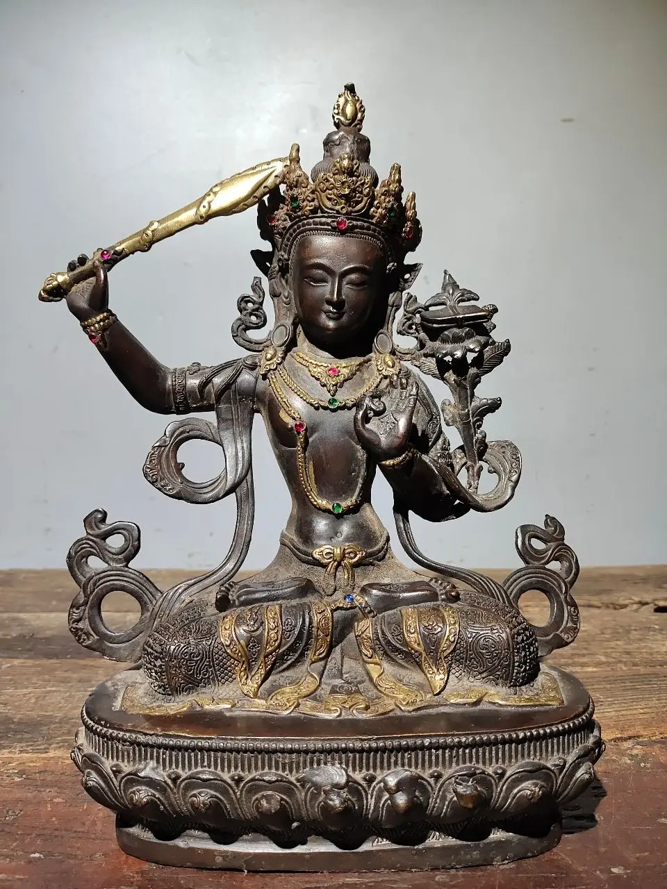 

12"Tibetan Temple Collection Old Bronze Cinnabar mosaic Gem Manjushri Bodhisattva Buddha lotus platform Worship Hall Town house