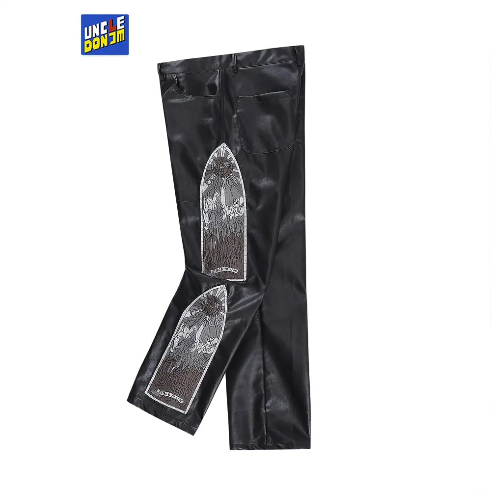 

Embroidered PU leather trousers men's fashion straight pants motorcycle leather pants for men y2k pants