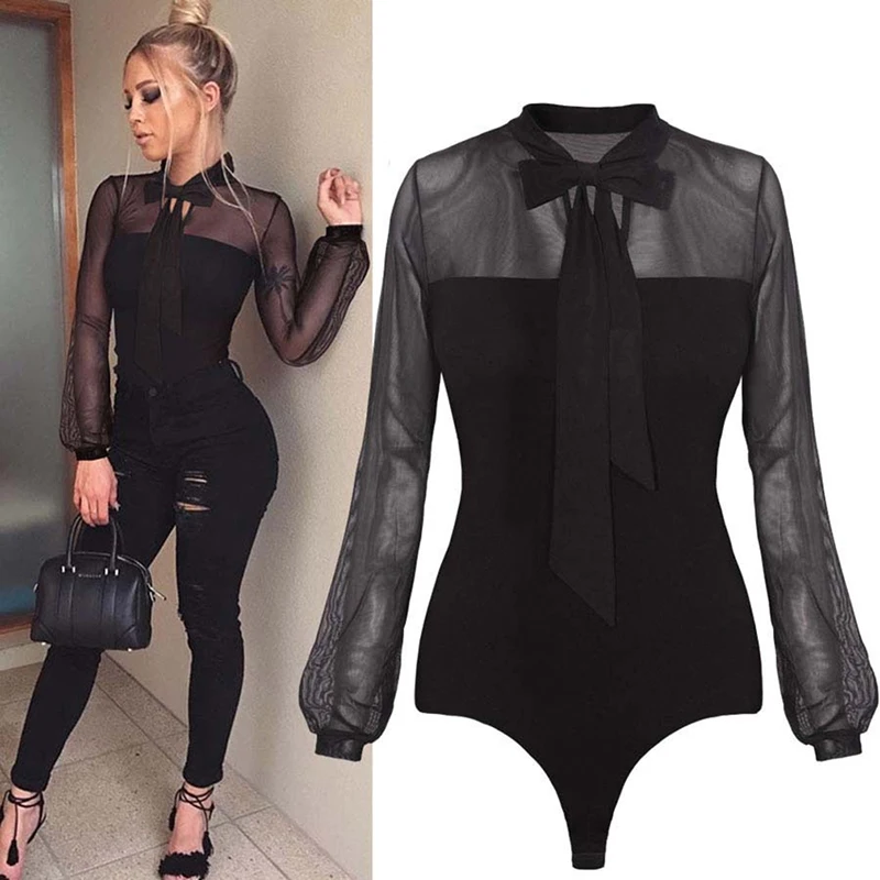 

New Summer Bodysuit Women Sexy Bow Mock Neck Patchwork Long Sleeve Back Ladies Lace Mesh Bodysuit Transparent Tops