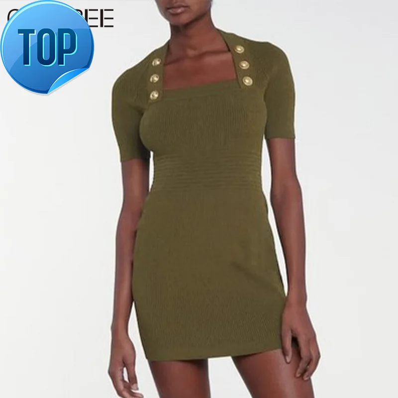 

Dresses Knitted Army for Green/white/black Women 2023 Luxury Designer Vintage Short Sleeve Sheath Slim Dress Vestidos De Mujer