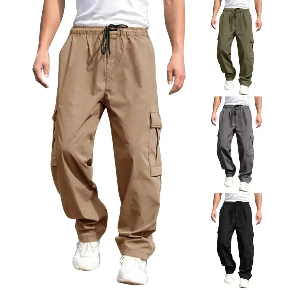 

Men Pants Elastic Waistband Drawstring Cargo Pants Casual Multi Pockets Hip Hop Slacks Straight Wide Leg Long Trousers