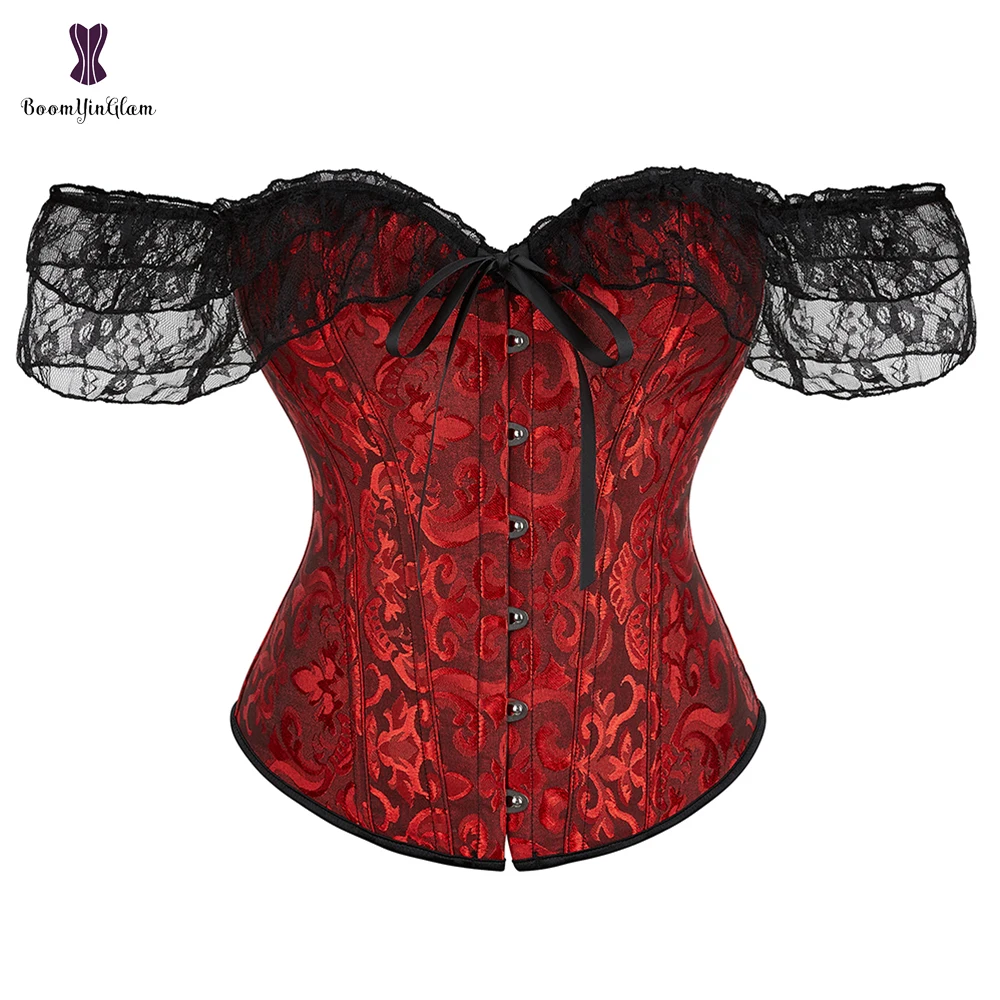 

Womens Bustier Corset Lace Up Short Sleeve Sheer Corset Bluse Costume Crop Top Lingerie Waist Cincher