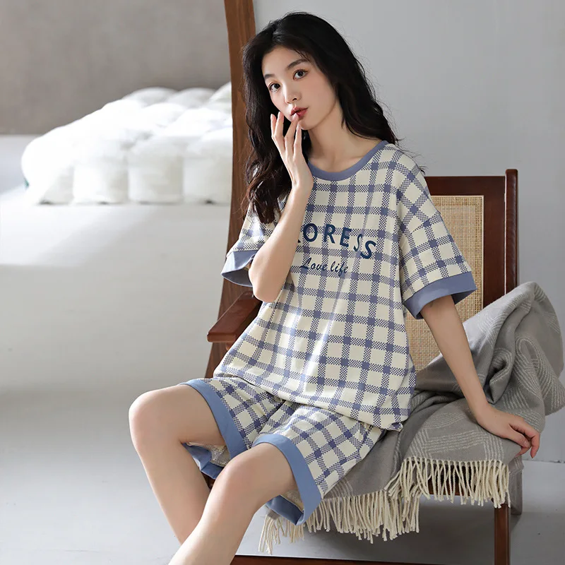 2023 New Pajamas for Women's Summer Short-sleeved Thin Plaid Can Be Worn Outside Home Service Suit Breathable and Soft Nightwear