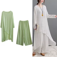 cotton linen loose casual sets women clothes suits loose long topswide leg pants two piece set 2022 fashion suits