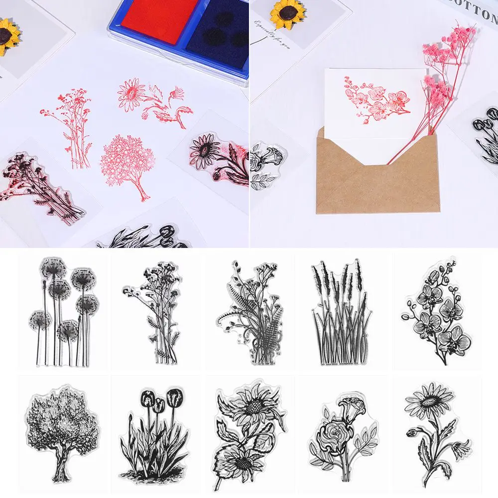 

11 Style Silicone Flowers Tree Stamps Clear Rubber Stamp Sheet Cling Roller Stamp For DIY Scrapbooking Photo Album Card Making