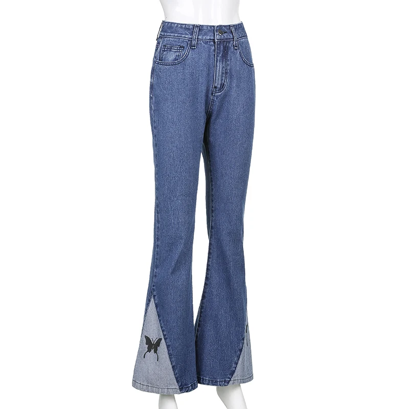 Women Patchwork Butterfly Print Denim Sweatpants Vintage Cyber Y2k Baggy Flare Jeans 90s Harajuku Trousers Jogger New Streetwear
