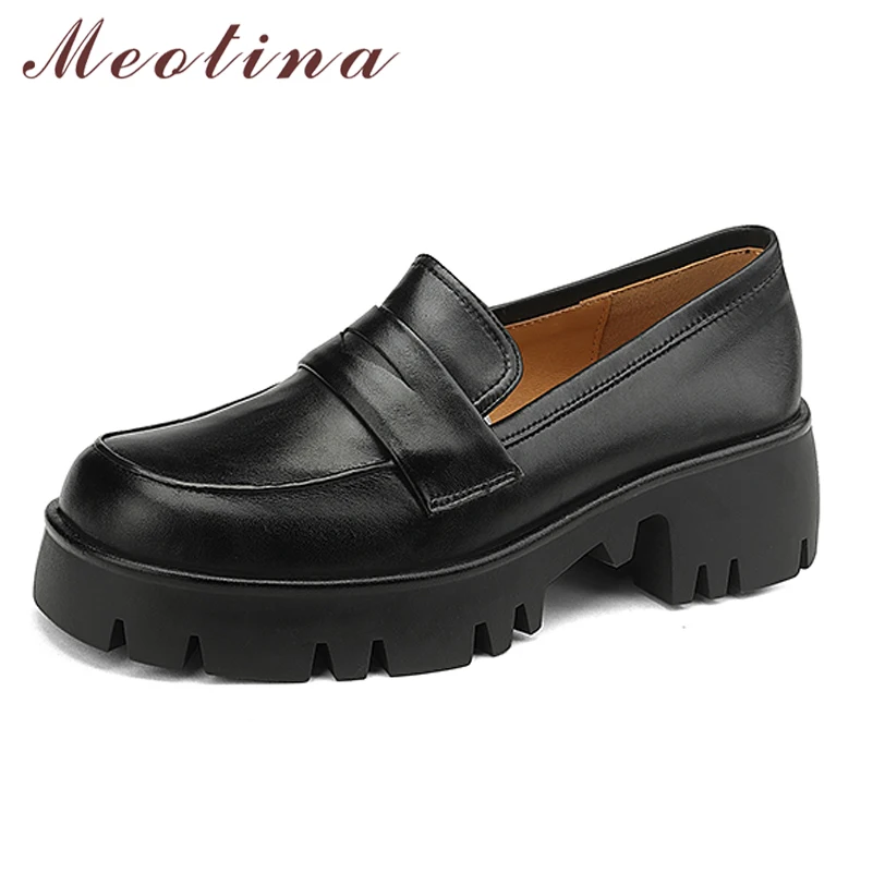 Meotina Women Genuine Leather Round Toe Platform Block Mid Heels Pumps Fashion Casual Ladies Spring Autumn Shoes Brown 40